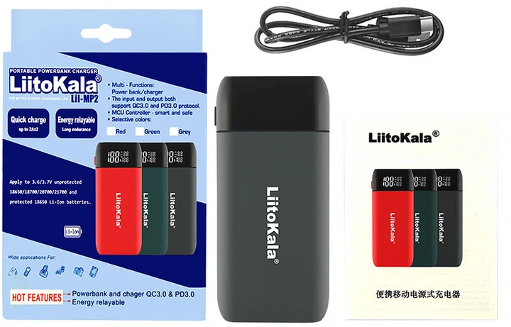 Зарядное устройство LiitoKala Lii-MP2 с функцией Power Bank для аккумуляторов АА, ААА, 18650, 21700 Li-Ion, IMR, INR, ICR (Black)  (19423)