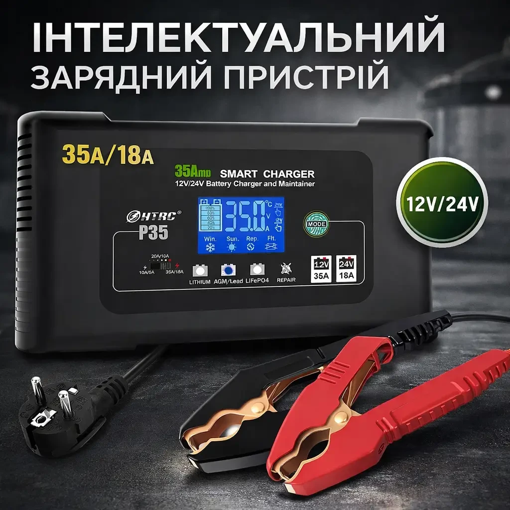 Автоматическое автомобильное зарядное устройство HTRC P35 Импульсное, функция ремонта Repair, десульфатор 12V 35A-24V 18A  LiFePO4, AGM, GEL, EFB, WET