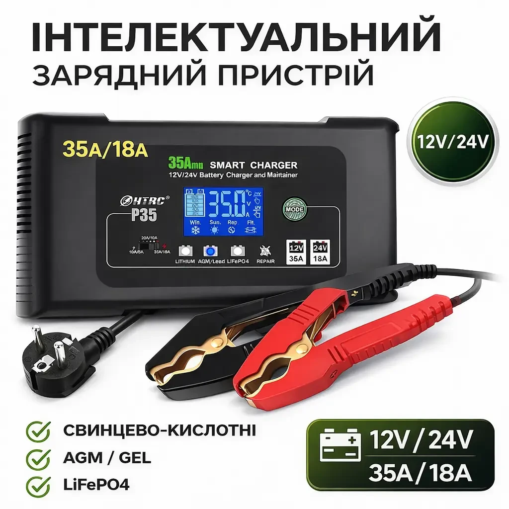Автоматическое автомобильное зарядное устройство HTRC P35 Импульсное, функция ремонта Repair, десульфатор 12V 35A-24V 18A  LiFePO4, AGM, GEL, EFB, WET (19526)