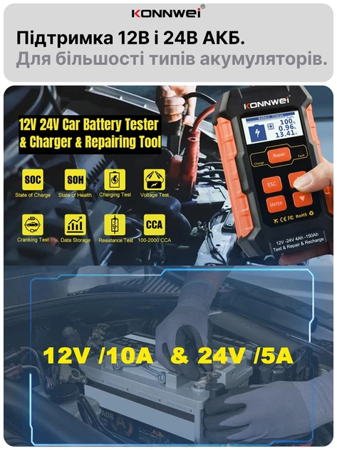 Автоматическое автомобильное зарядное устройство Konnwei RC-10 Импульсное, функция ремонта Repair, десульфатор 12V 10А-24V 5A  AGM, GEL, LiFePO4 (Black) (19508)