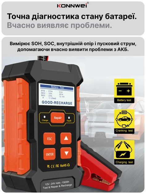 Автоматическое автомобильное зарядное устройство Konnwei RC-10 Импульсное, функция ремонта Repair, десульфатор 12V 10А-24V 5A  AGM, GEL, LiFePO4 (Black) (19508)