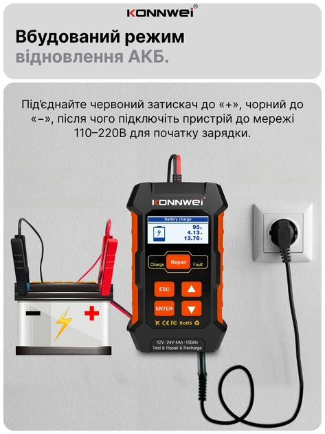 Автоматическое автомобильное зарядное устройство Konnwei RC-10 Импульсное, функция ремонта Repair, десульфатор 12V 10А-24V 5A  AGM, GEL, LiFePO4 (Black) (19508)