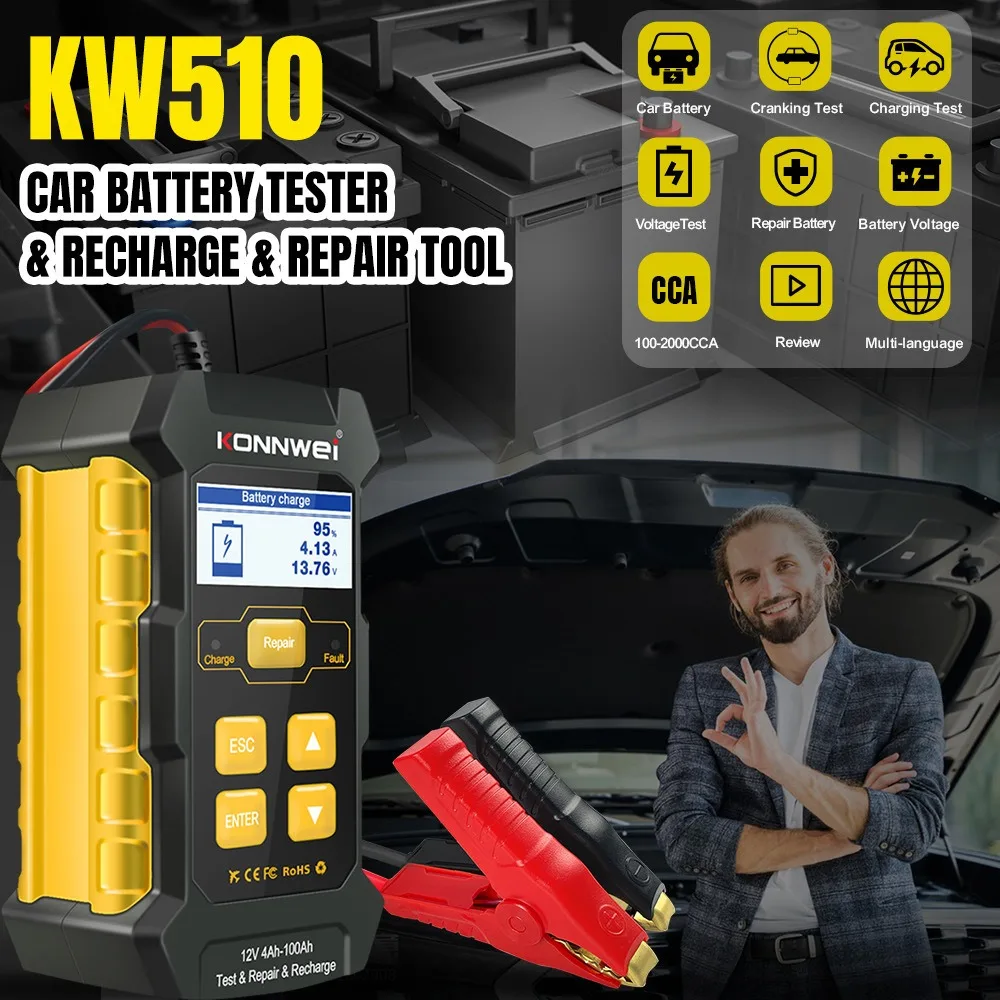 Автомобильное зарядное устройство и тестер аккумуляторов Konnwei KW510 цифровой анализатор батарей 6V/12V, 4-100Ah (Black) (19506)