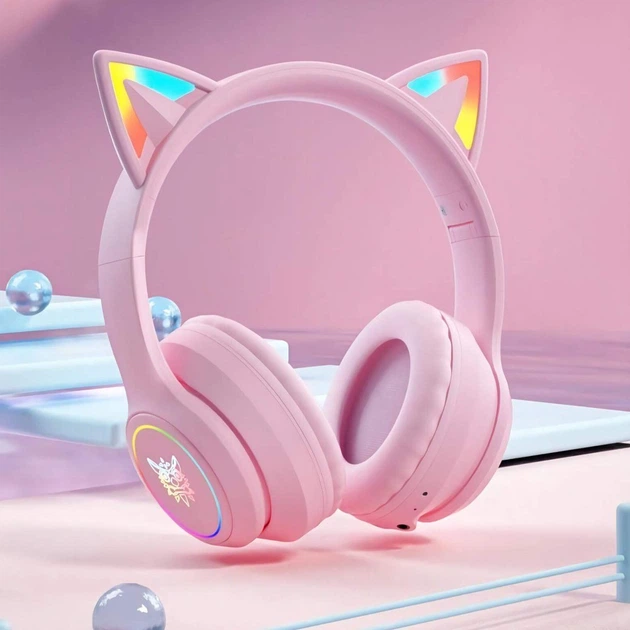 Беспроводные игровые наушники с кошачьими ушками Onikuma B90 RGB гарнитура с микрофоном (Pink) (19117)