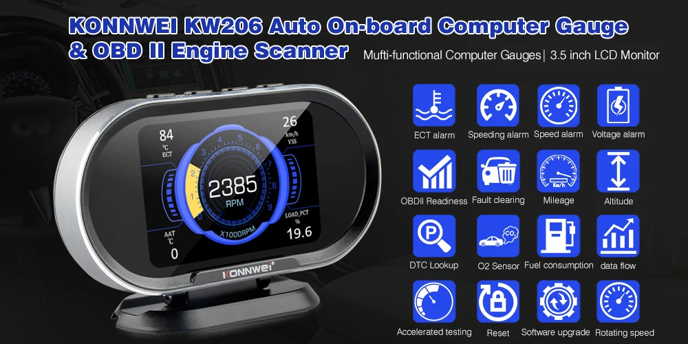 Бортовой компьютер автомобильный Konnwei KW206 Авто сканер, маршрутный компьютер ОБД2, EOBD, OBD2 (Black) (19516)