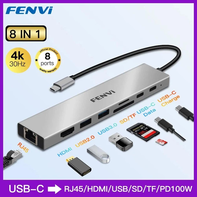 Док-станция Fenvi F-C801H концентратор USB-C Hub 8в1 HDMI USB 3.0 RJ45 CardReader PD