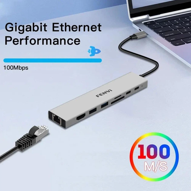 Док-станция Fenvi F-C801H концентратор USB-C Hub 8в1 HDMI USB 3.0 RJ45 CardReader PD (19130)