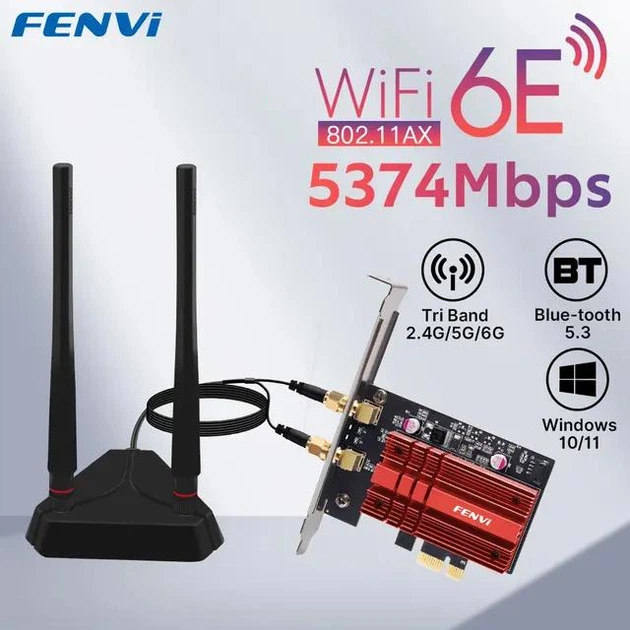 Геймерская трехдиапазонная Сетевая карта WiFi+Bluetooth 5.3 PCI-E Fenvi FV-AXE3000PRO 2.4G/5G/6Ghz 5374 Mbps + 2 Выносные антенны (18843)