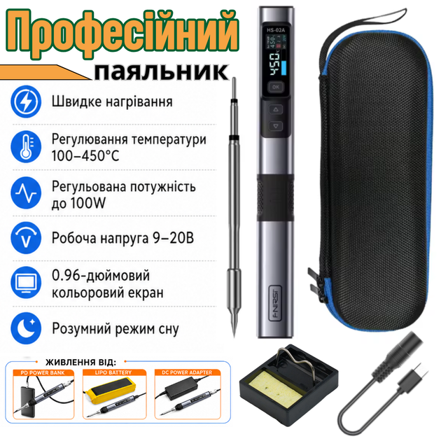 Паяльник портативный Fnirsi HS02A Set1 профессиональный с регулировкой температуры 100Вт 5-20В 100-450°C