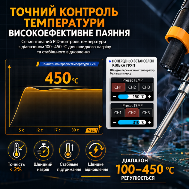 Паяльник портативный Fnirsi HS02A Set1 профессиональный с регулировкой температуры 100Вт 5-20В 100-450°C (19686)