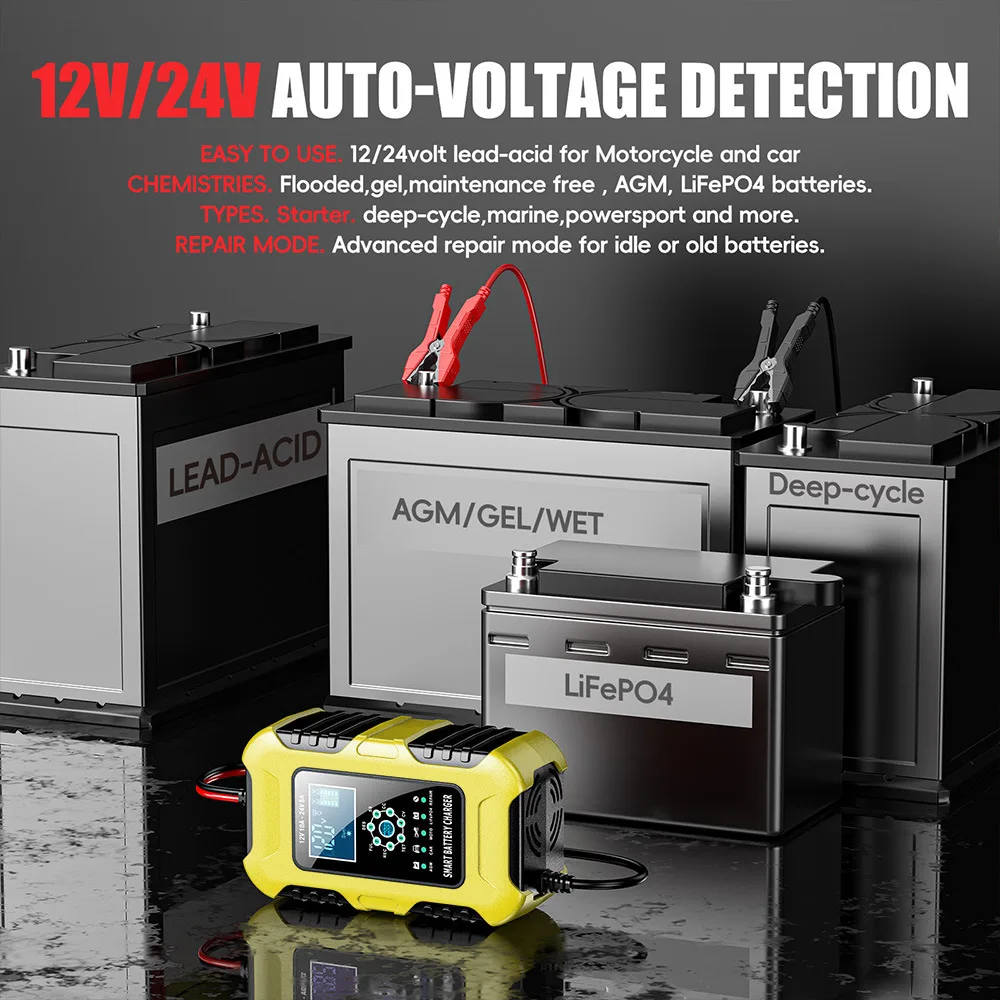 Умное зарядное устройство автомобильное Foxsur FBC122410D 12V / 10A - 24V / 5A Автоматическое импульсное с функцией восстановления (Yellow) (19437)