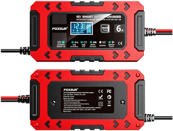 Зарядное устройство автомобильное Foxsur FBC1206F 12V/6А Автоматическое импульсное с функцией восстановления (Red) (19424)