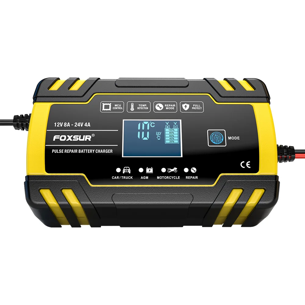 Зарядное устройство автомобильное Foxsur FBC122408D 12V 8A / 24V 4A Автоматическое импульсное с функцией восстановления (Yellow) (19433)