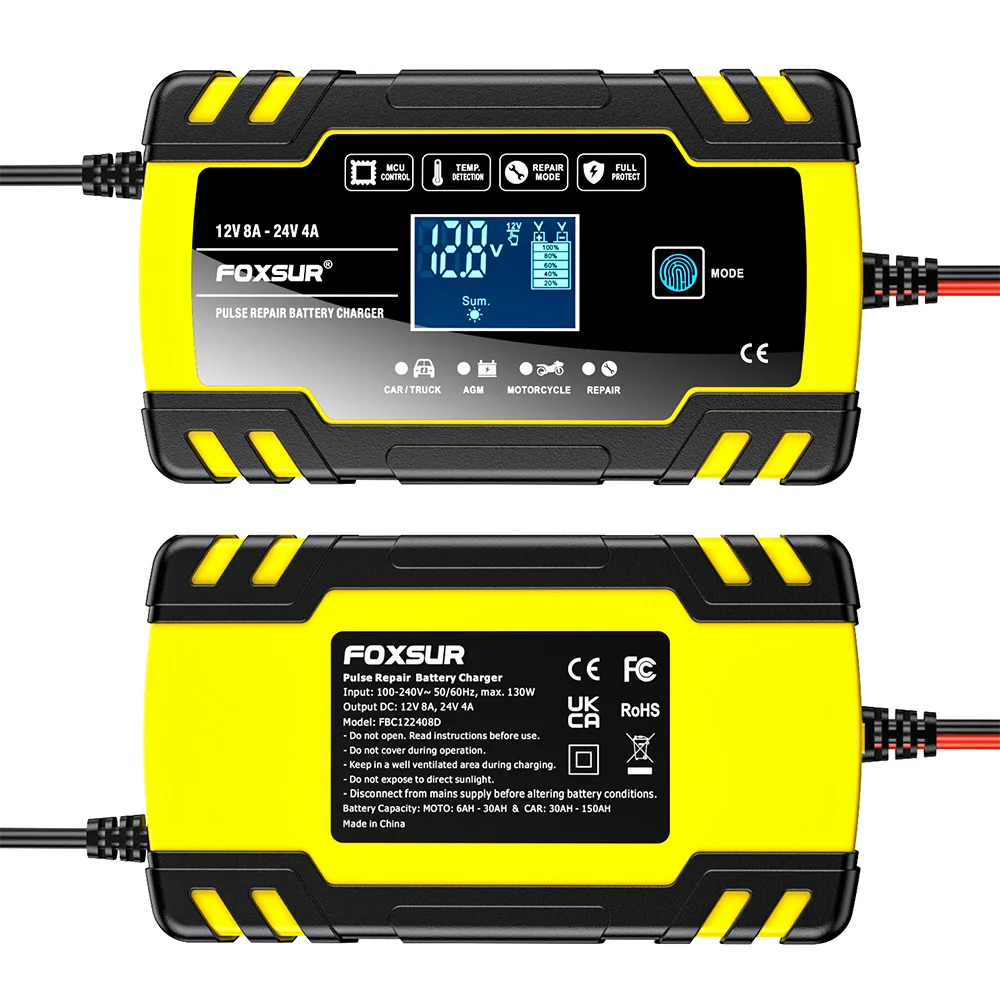Зарядное устройство автомобильное Foxsur FBC122408D 12V 8A / 24V 4A Автоматическое импульсное с функцией восстановления (Yellow) (19433)