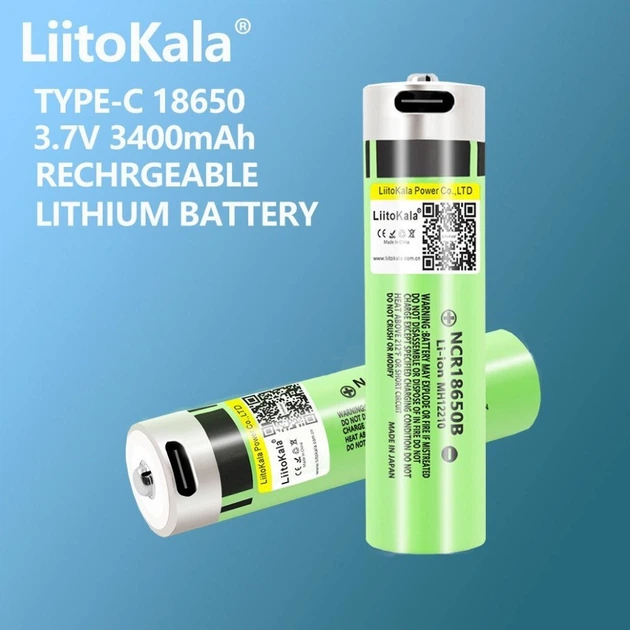 Аккумулятор 18650 LiitoKala USB-34B 3400 mAh с портом Type-C для зарядки и платой защиты 8А, 3.7V (19310)