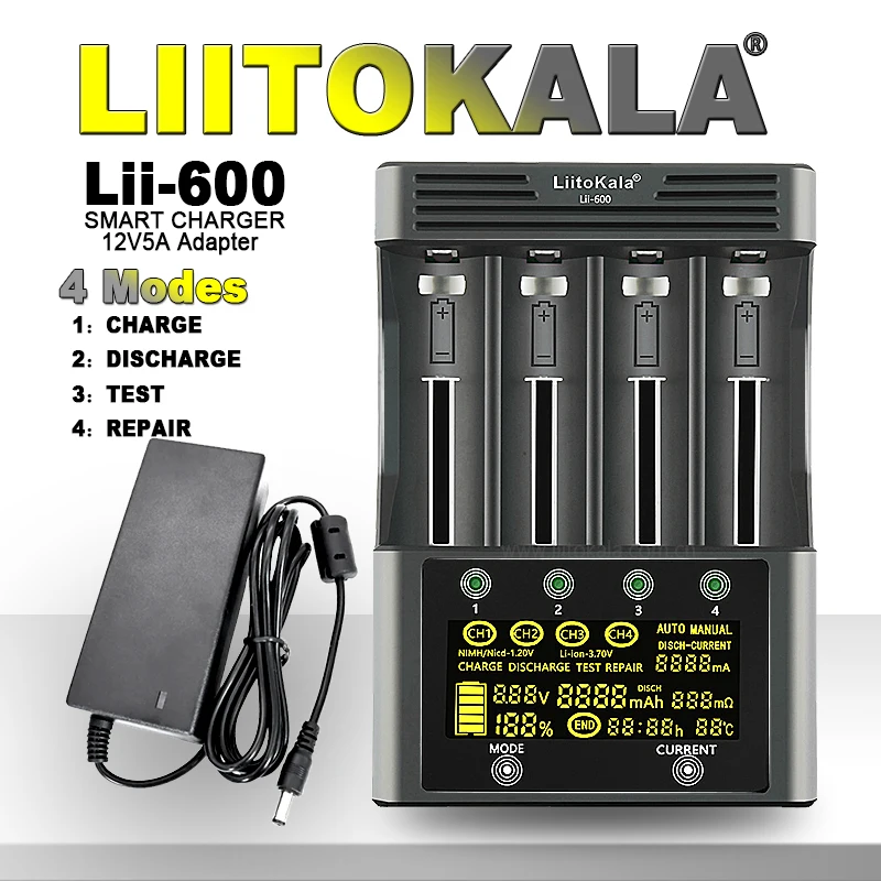 Зарядное устройство LiitoKala Lii-600 для аккумуляторов АА, ААА, 18650, 21700, 26650 Li-ion, Ni-MH, Ni-Cd