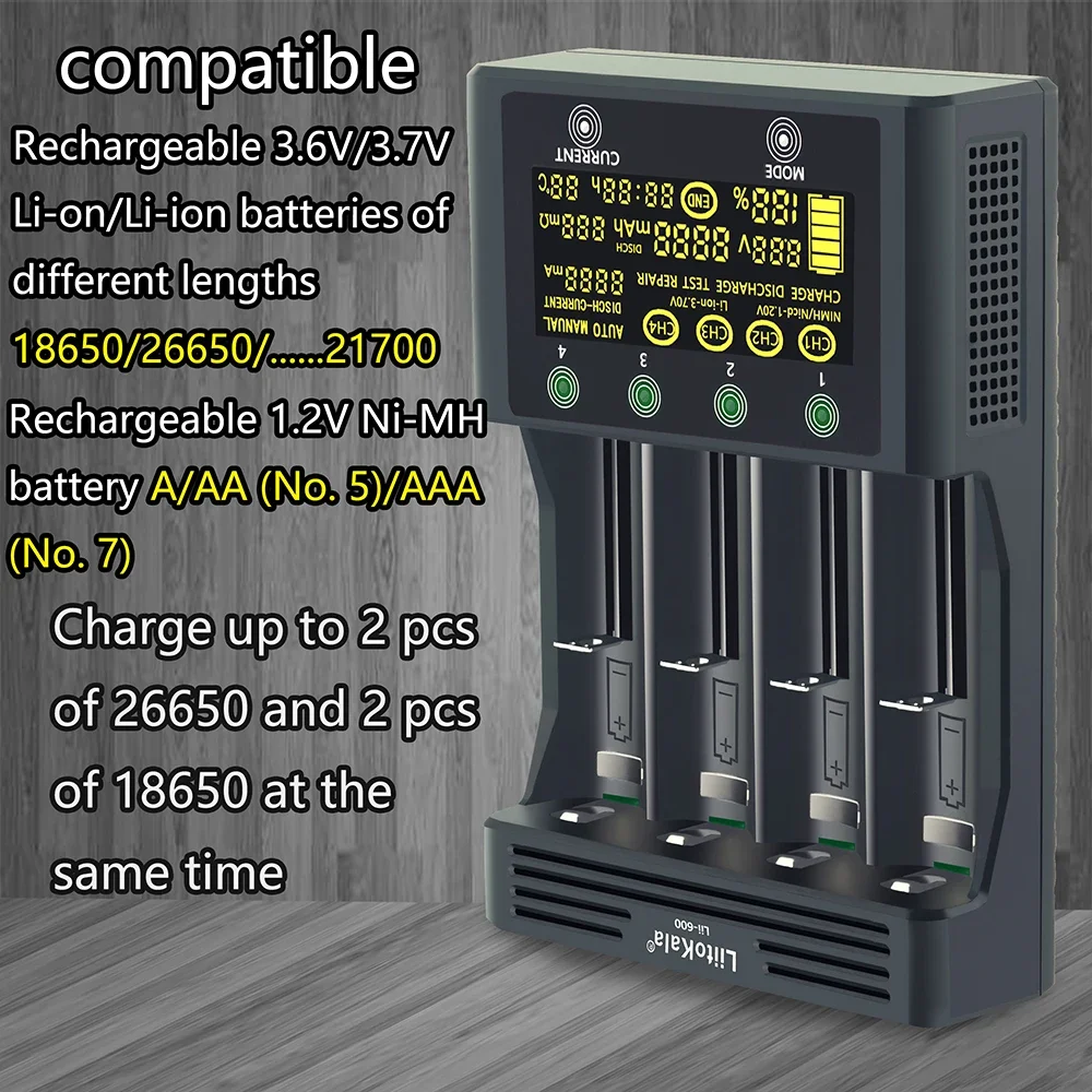 Зарядное устройство LiitoKala Lii-600 для аккумуляторов АА, ААА, 18650, 21700, 26650 Li-ion, Ni-MH, Ni-Cd (19415)