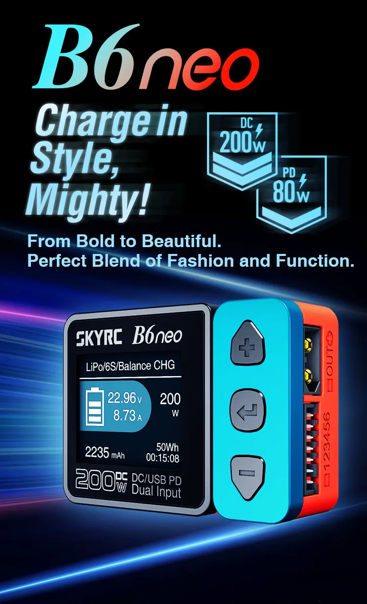 Зарядное устройство многофункциональное SkyRC B6 Neo 200w 10A с функцией балансирования АКБ FPV DC/PD (Blue Red) (18769)