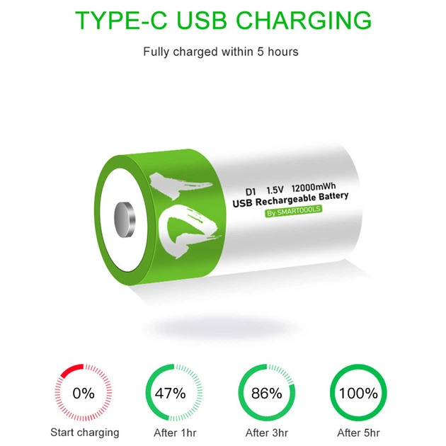 Аккумулятор тип D / R20 Smartoools 8000 mAh бочонок Li-Ion с зарядкой Type-C 1.5V (19329)