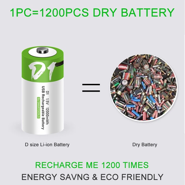 Аккумулятор тип D / R20 Smartoools 8000 mAh бочонок Li-Ion с зарядкой Type-C 1.5V (19329)