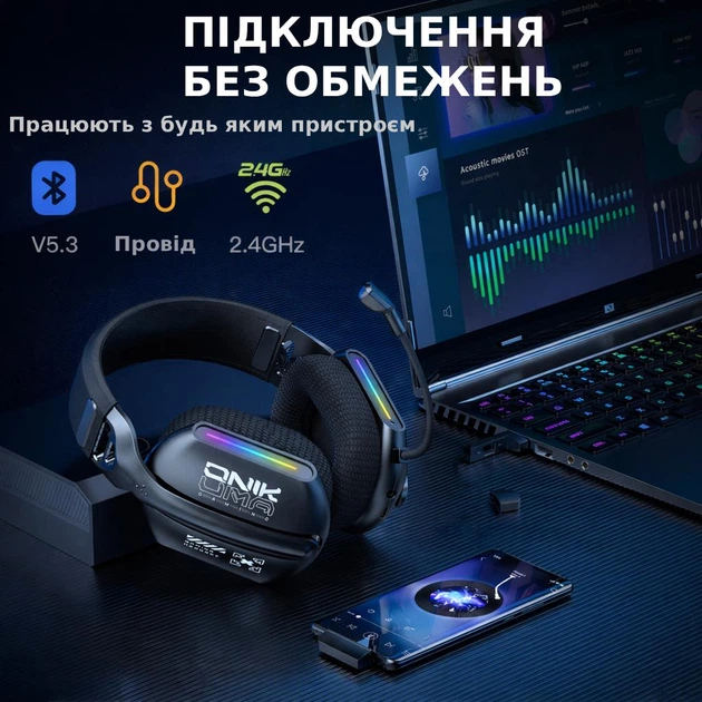 Беспроводные игровые наушники Onikuma GT808 геймерская Bluetooth гарнитура с микрофоном и RGB (Black) (19118)