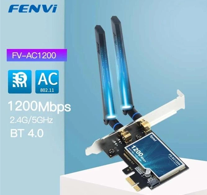 Геймерская двухдиапазонная Сетевая карта WiFi+Bluetooth PCI-E Fenvi FV-AC1200  2.4G/5G 1200 Mbps + 2 Антенны (18841)