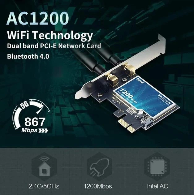 Геймерская двухдиапазонная Сетевая карта WiFi+Bluetooth PCI-E Fenvi FV-AC1200  2.4G/5G 1200 Mbps + 2 Антенны (18841)