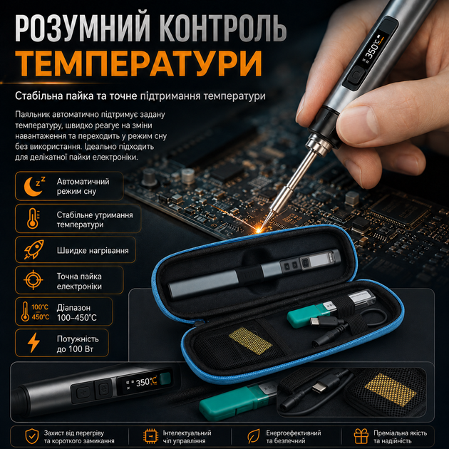 Паяльник портативный Fnirsi HS02A Set4 профессиональный с регулировкой температуры 100Вт 5-20В 100-450°C (19687)