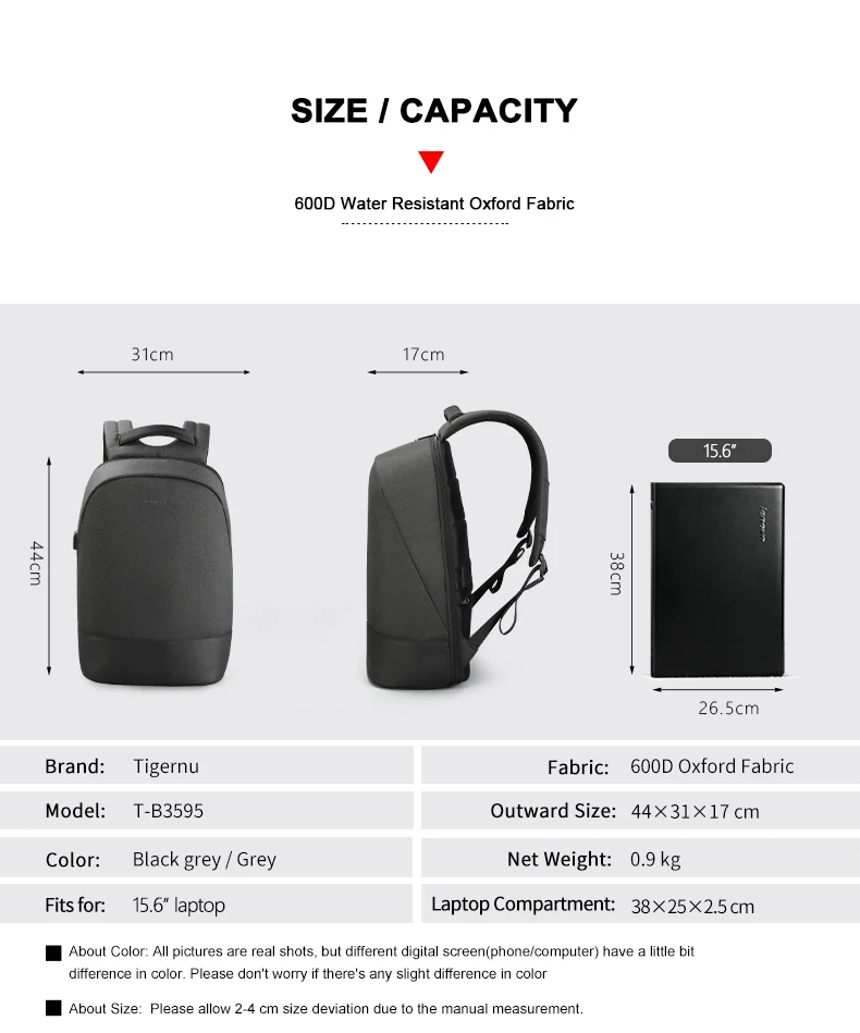 Рюкзак городской Tigernu T-B3595 с USB портом и отсеком для ноутбука 15.6'' 19л (Black) (19388)