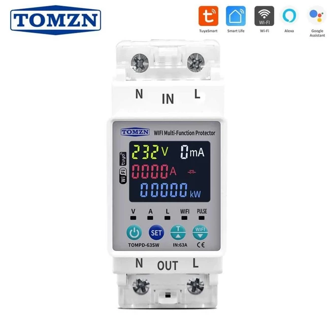Умный автоматический выключатель Tuya Wi-Fi TOMZN TOMPD-63SW 110/220V 63A Цифровое реле со счетчиком цветной дисплей