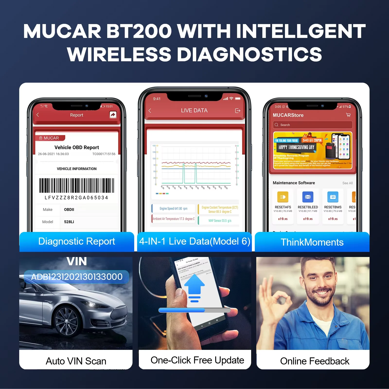 Универсальный автосканер Мультимарочный OBD2 Mucar BT200 Профессиональный диагностический сканер автомобильный ОБД2, EOBD, ELM327 (19803)