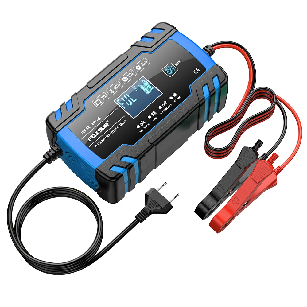 Зарядное устройство автомобильное Foxsur FBC122408D 12V 8A / 24V 4A Автоматическое импульсное с функцией восстановления (Blue) (19434)