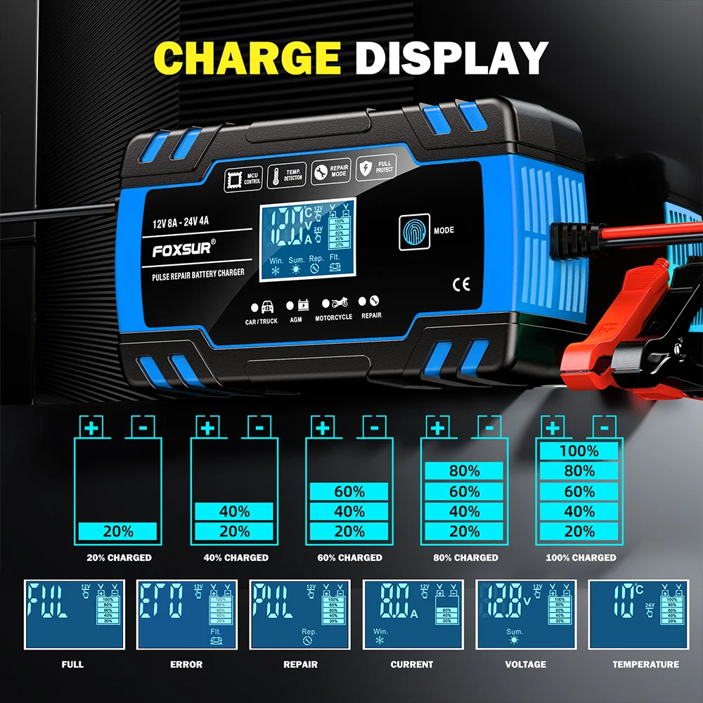Зарядное устройство автомобильное Foxsur FBC122408D 12V 8A / 24V 4A Автоматическое импульсное с функцией восстановления (Blue) (19434)