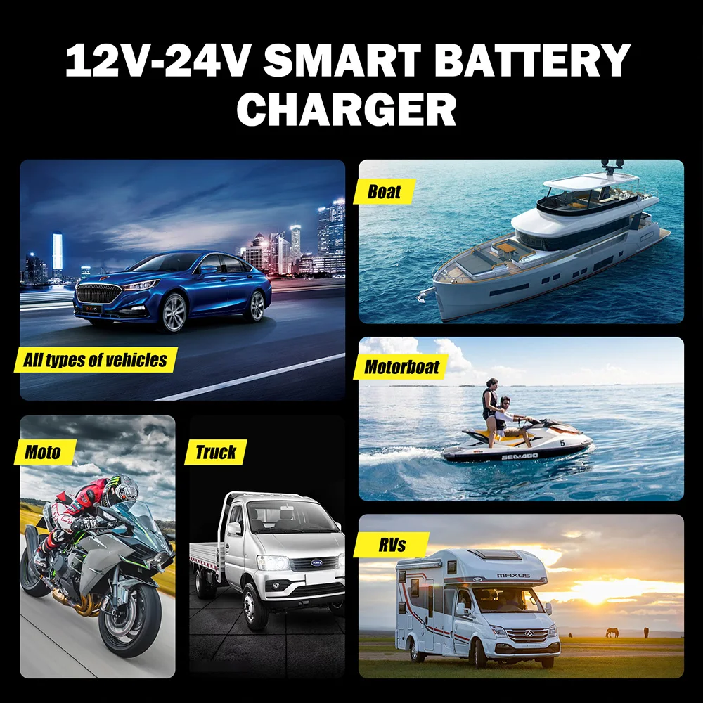 Зарядное устройство автомобильное Foxsur FBC122408D 12V 8A / 24V 4A Автоматическое импульсное с функцией восстановления (Blue) (19434)