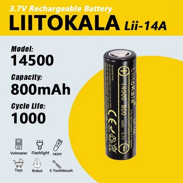 Аккумулятор AA 14500 LiitoKala Lii-14A 800 mAh пальчиковый литий-ионный Li-Ion 3,7V Плоский плюс