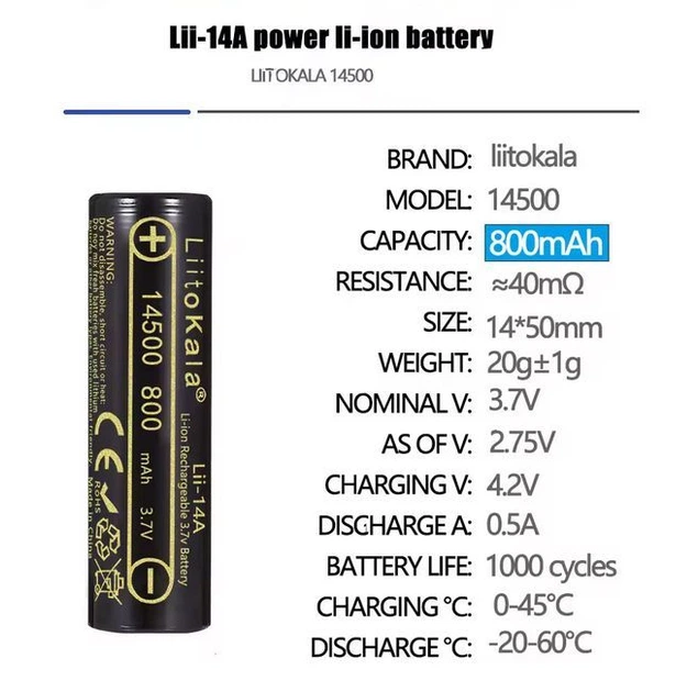 Аккумулятор AA 14500 LiitoKala Lii-14A 800 mAh пальчиковый литий-ионный Li-Ion 3,7V Плоский плюс (19318)