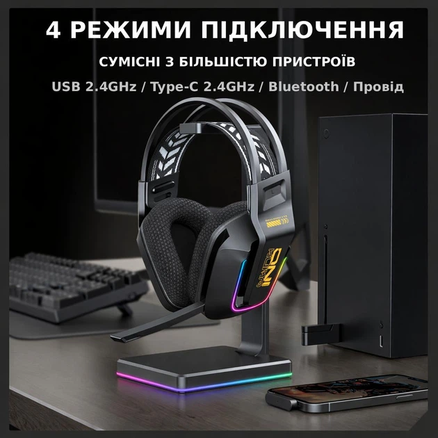 Беспроводные игровые наушники Onikuma GT828 геймерская Bluetooth гарнитура с микрофоном и RGB (Black) (19119)
