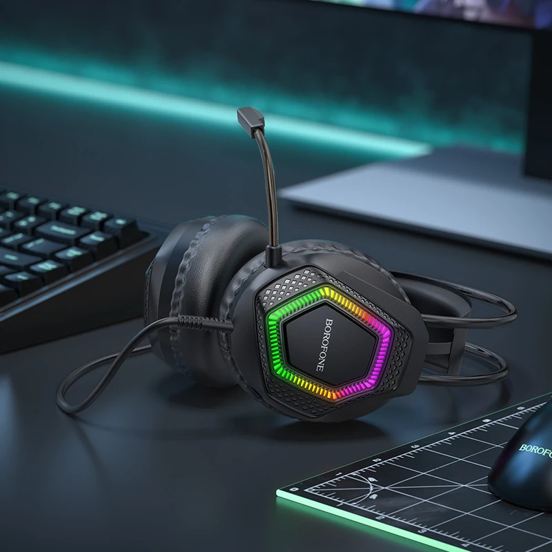Игровые наушники проводные Borofone BO105 Геймерская гарнитура с микрофоном и RGB подсветкой (Black) (19254)