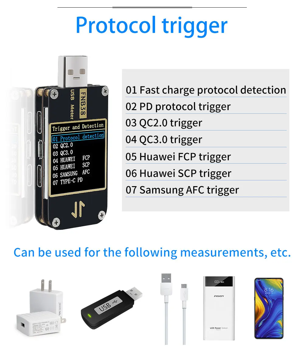 USB тестер анализатор зарядных устройств Fnirsi FNB38 внешних аккумуляторов и USB-кабелей (19171)