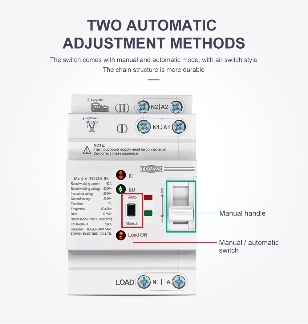 Автоматический ввод резерва АВР TOMZN TOQ6 L+N 2P 230V 63A переключатель питания однофазный 2х полюсний (19633)