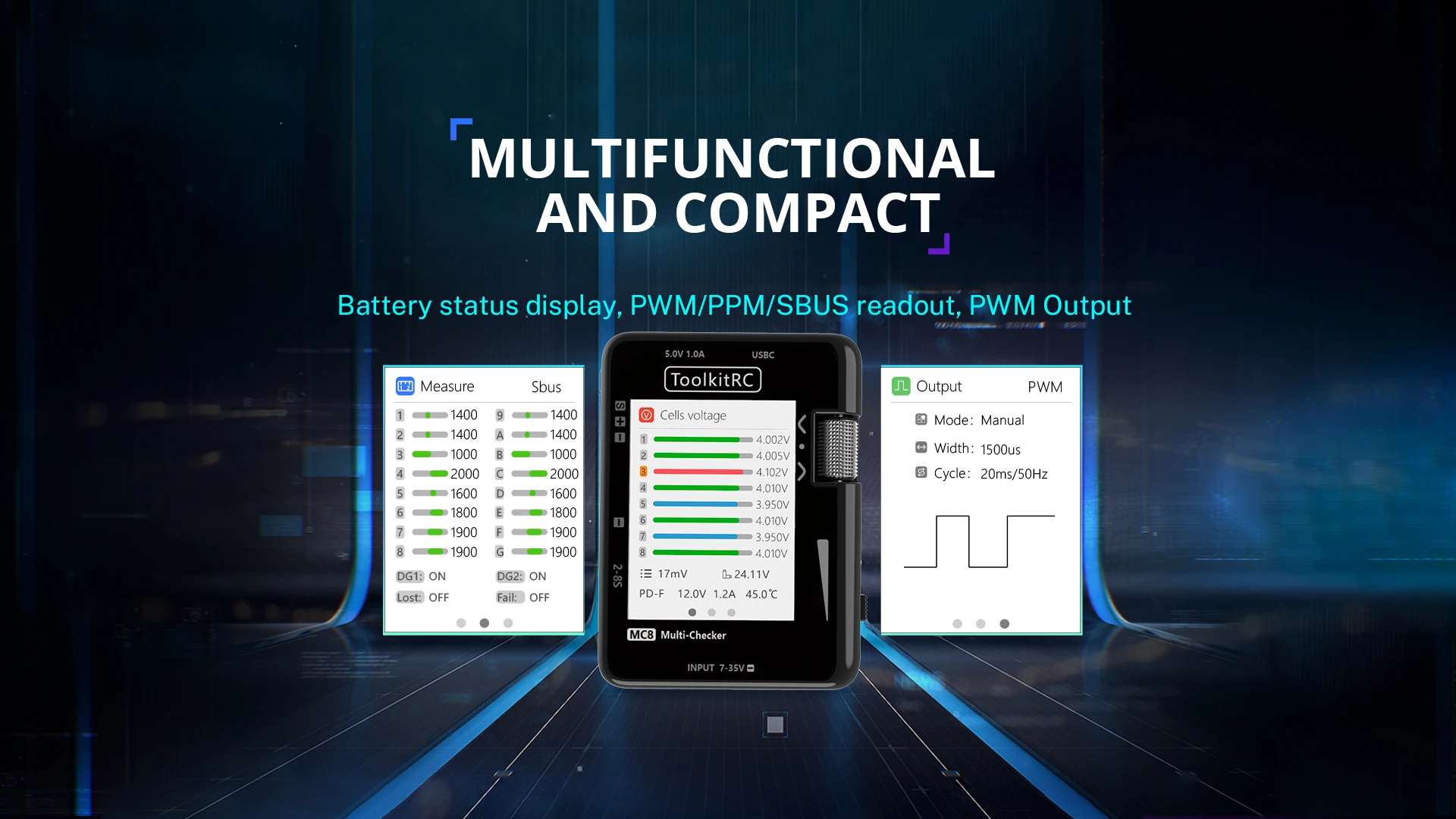 Мультитестер с быстрой зарядкой ToolkitRC MC8 20W для FPV 2-8S балансировка батарей, измеритель сигналов PWM PPM SBUS ШИМ, USB-C (Black) (18762)