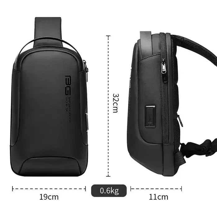 Однолямочный рюкзак через плечо Bange  BG-7221 7л Сумка-слинг с USB-разъемом (Black) (19374)