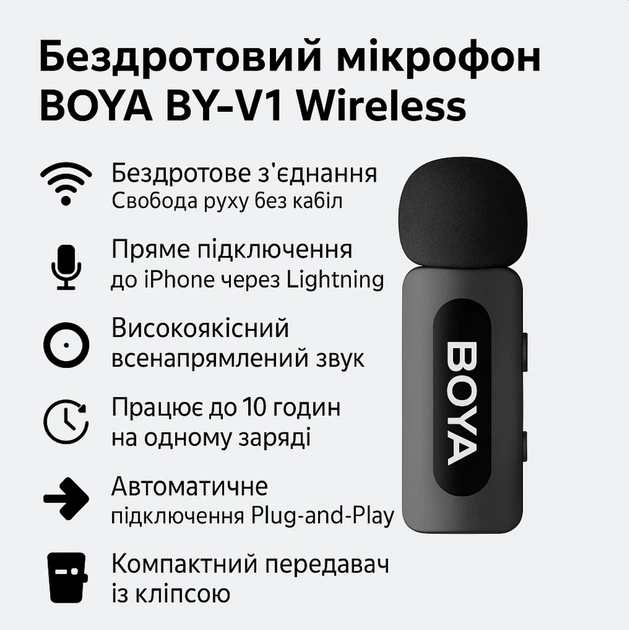 Профессиональный петличный микрофон беспроводной Boya BY-V1 Lightning (Black) (18870)