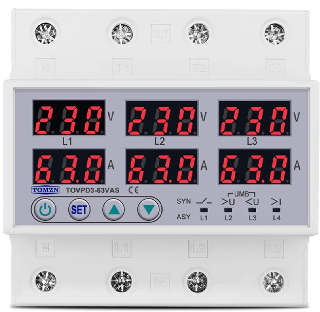 Цифровое реле контроля напряжения и тока трехфазное TOMZN TOVPD3-63VAS 63A 3×220V Умный защитный автомат переменного тока