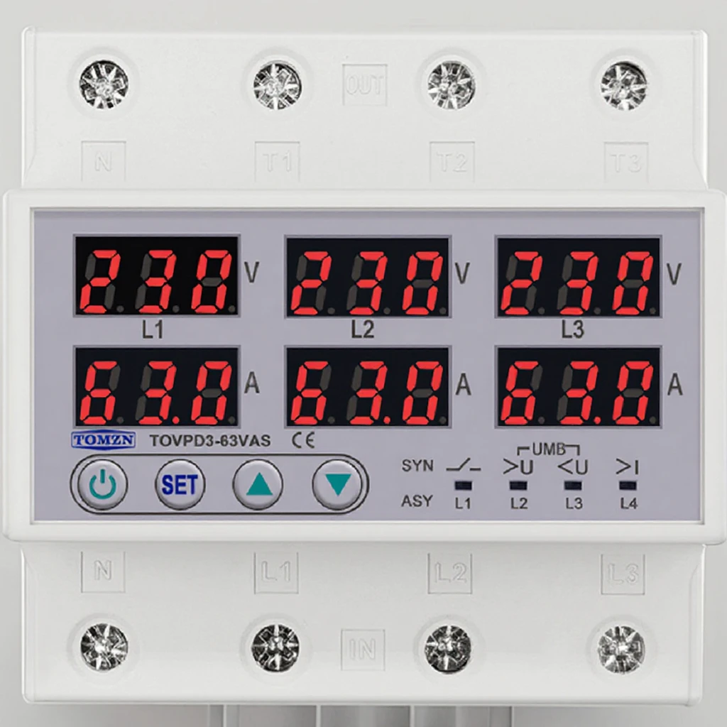 Цифровое реле контроля напряжения и тока трехфазное TOMZN TOVPD3-63VAS 63A 3×220V Умный защитный автомат переменного тока (19600)