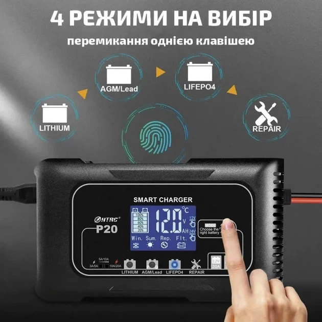 Автоматическое автомобильное зарядное устройствое HTRC P20 Импульсное, функция ремонта Repair, десульфатор 12V 20A-24V 10A  LiFePO4, AGM, GEL (19524)