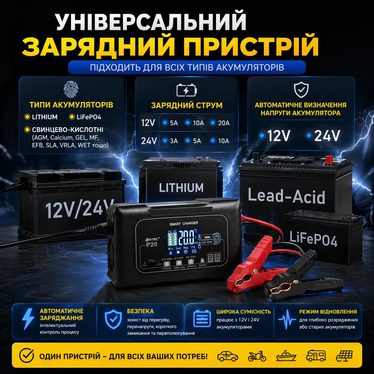 Автоматическое автомобильное зарядное устройствое HTRC P20 Импульсное, функция ремонта Repair, десульфатор 12V 20A-24V 10A  LiFePO4, AGM, GEL (19524)