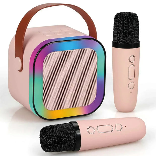 Детское караоке с 2 беспроводными микрофонами K12 и портативной RGB Bluetooth колонкой (Pink)