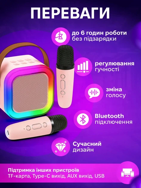 Детское караоке с 2 беспроводными микрофонами K12 и портативной RGB Bluetooth колонкой (Pink) (18964)