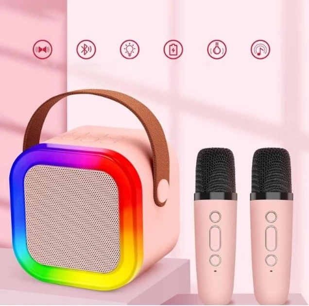 Детское караоке с 2 беспроводными микрофонами K12 и портативной RGB Bluetooth колонкой (Pink) (18964)